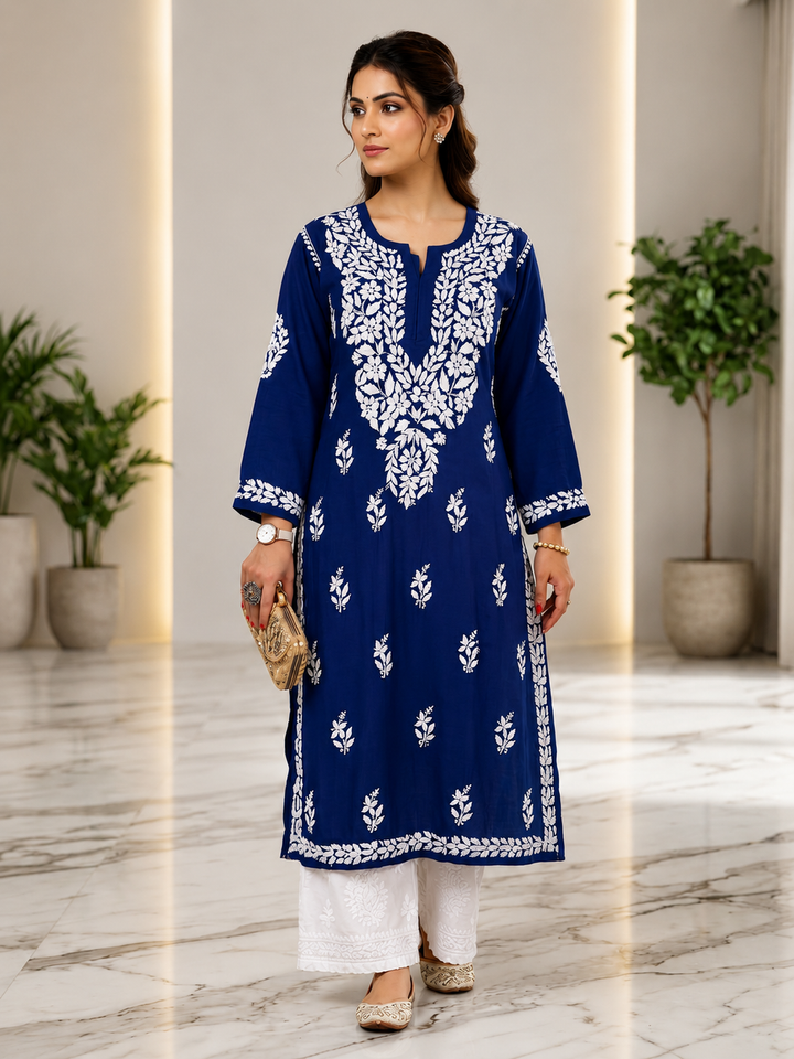 Falak 3D Chikankari Hand Embroidery Design Rayon Womens Kurta - Navy Blue