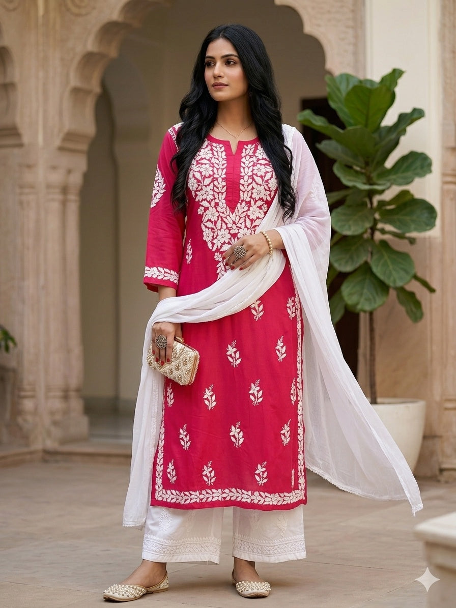 Falak 3D Chikankari Hand Embroidery Design Rayon Womens Kurta - Tomato Pink