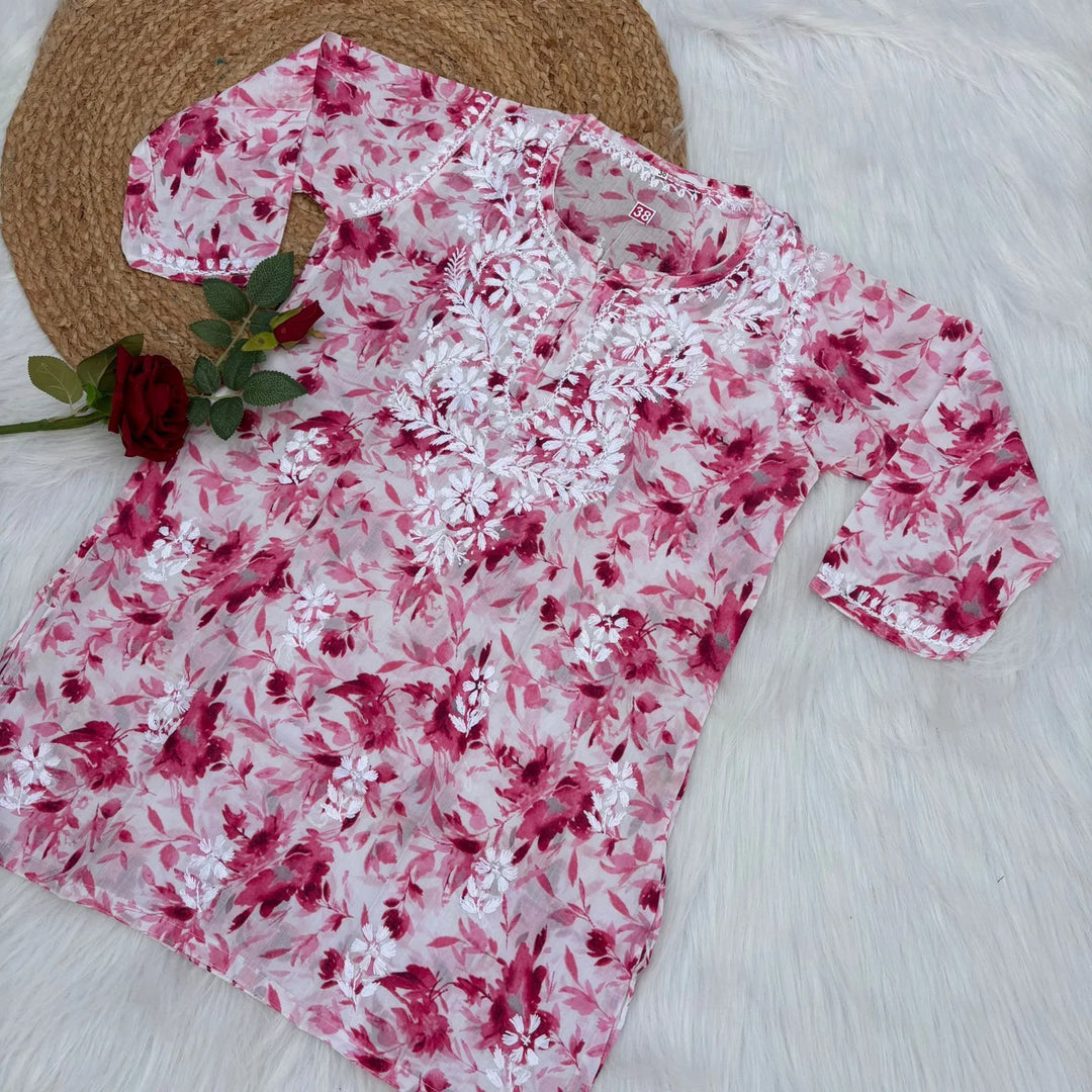 Pink Kannika Mulmul Printed Short kurti