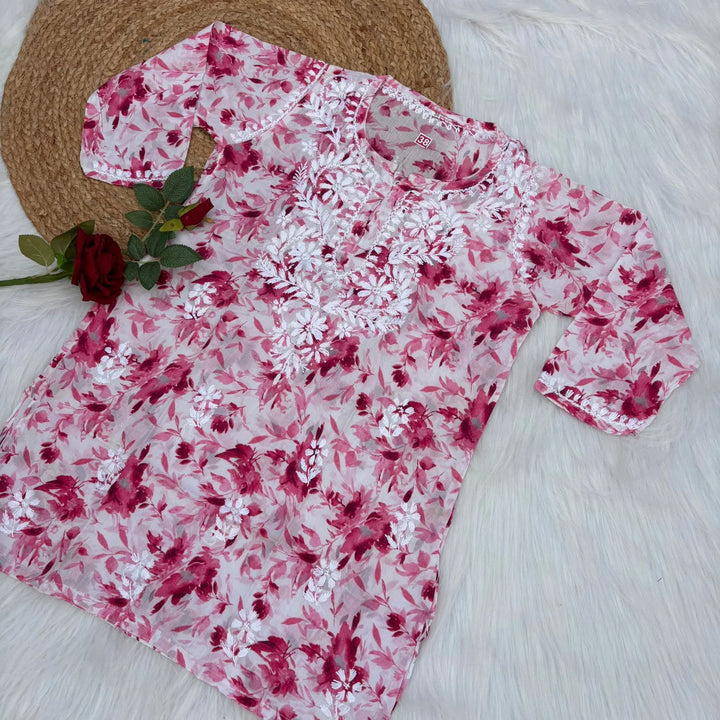 Pink Kannika Mulmul Printed Short kurti