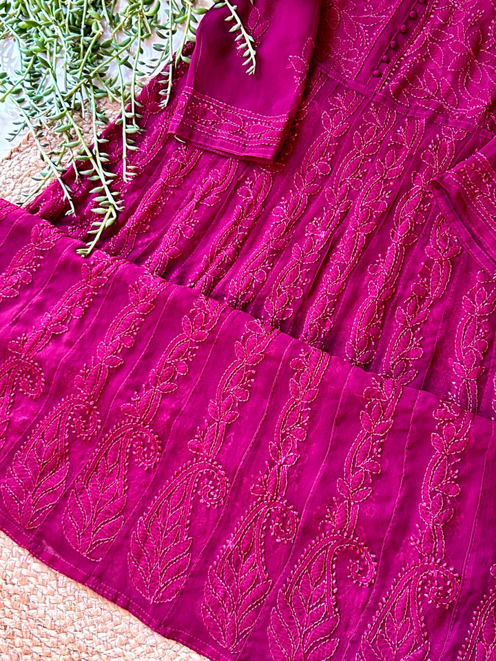 Wine Tara Resham Chikankari Hand Embroidered Women's Yog Anarkali Kurta