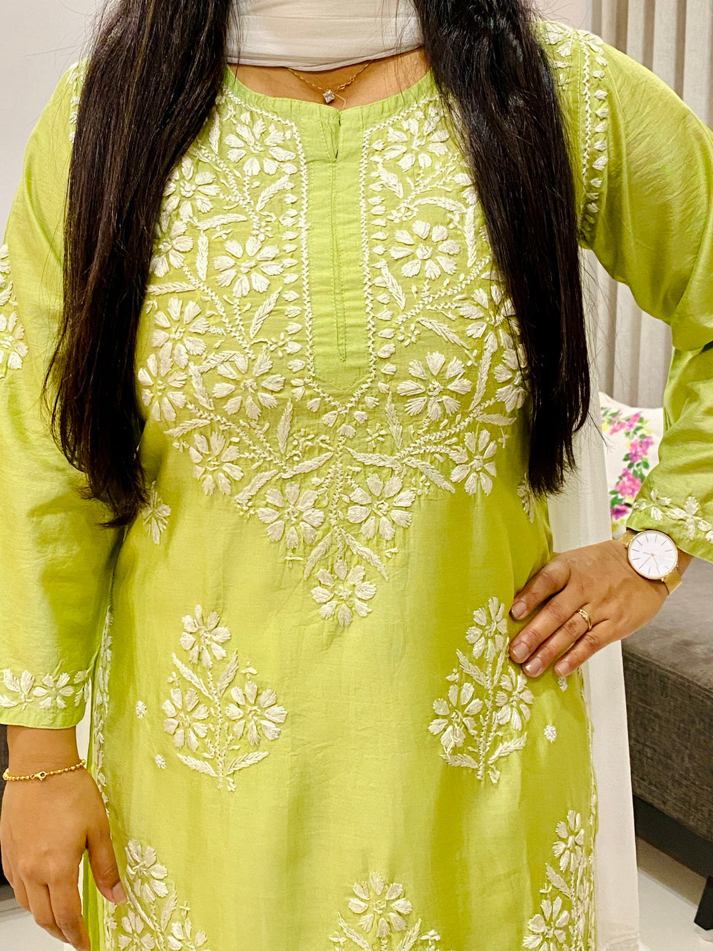 Pista Rida Premium Chanderi Chikankari Women's Solid Long Kurta