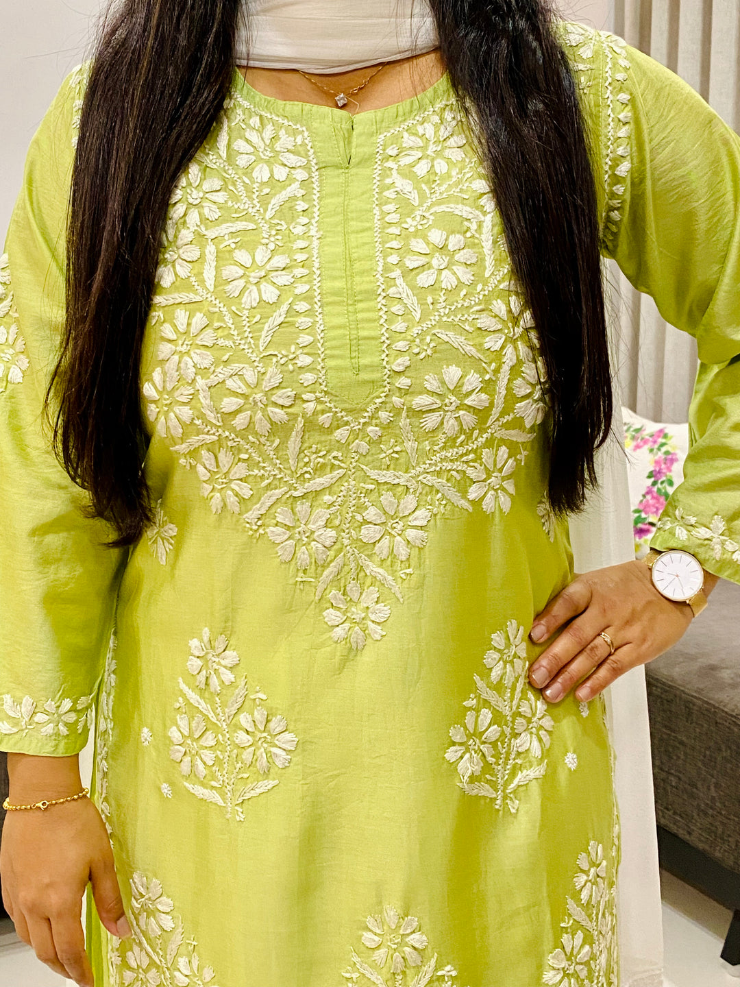 Pista Rida Premium Chanderi Chikankari Women's Solid Long Kurta