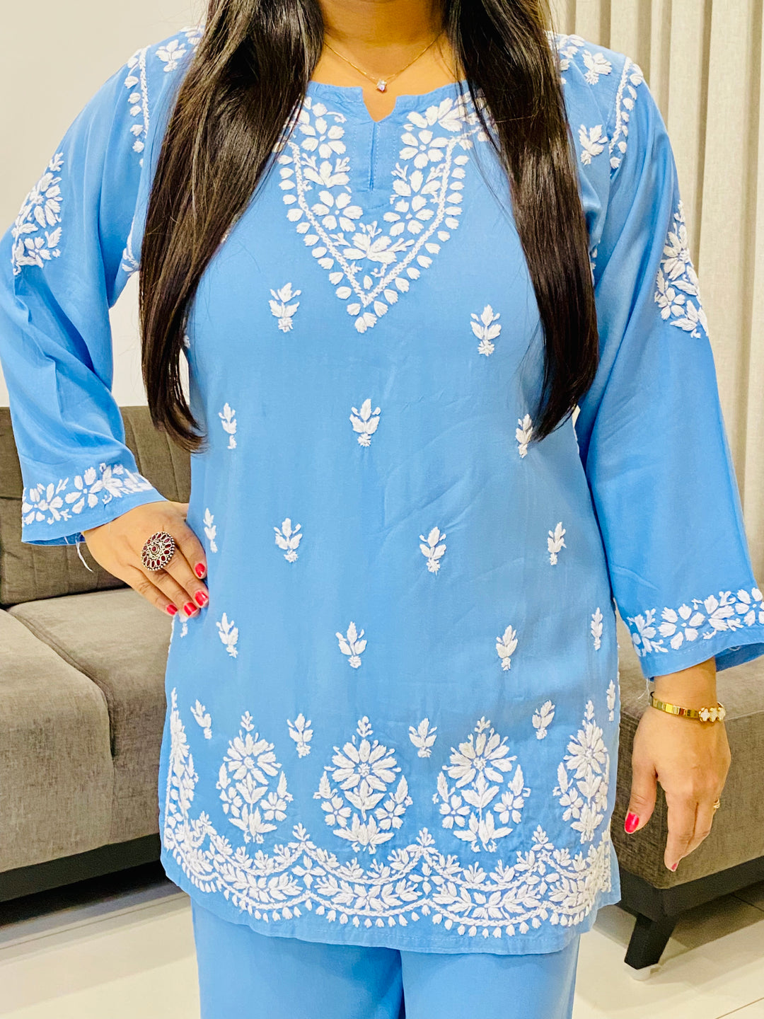 Powder Blue Trisha Rayon Chikankari Handwork Women's Co-ord Set