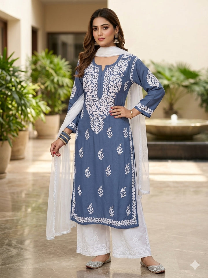 Falak 3D Chikankari Hand Embroidery Design Rayon Womens Kurta - Charcoal