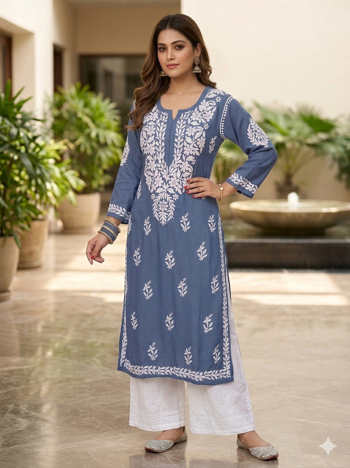 Falak 3D Chikankari Hand Embroidery Design Rayon Womens Kurta - Charcoal
