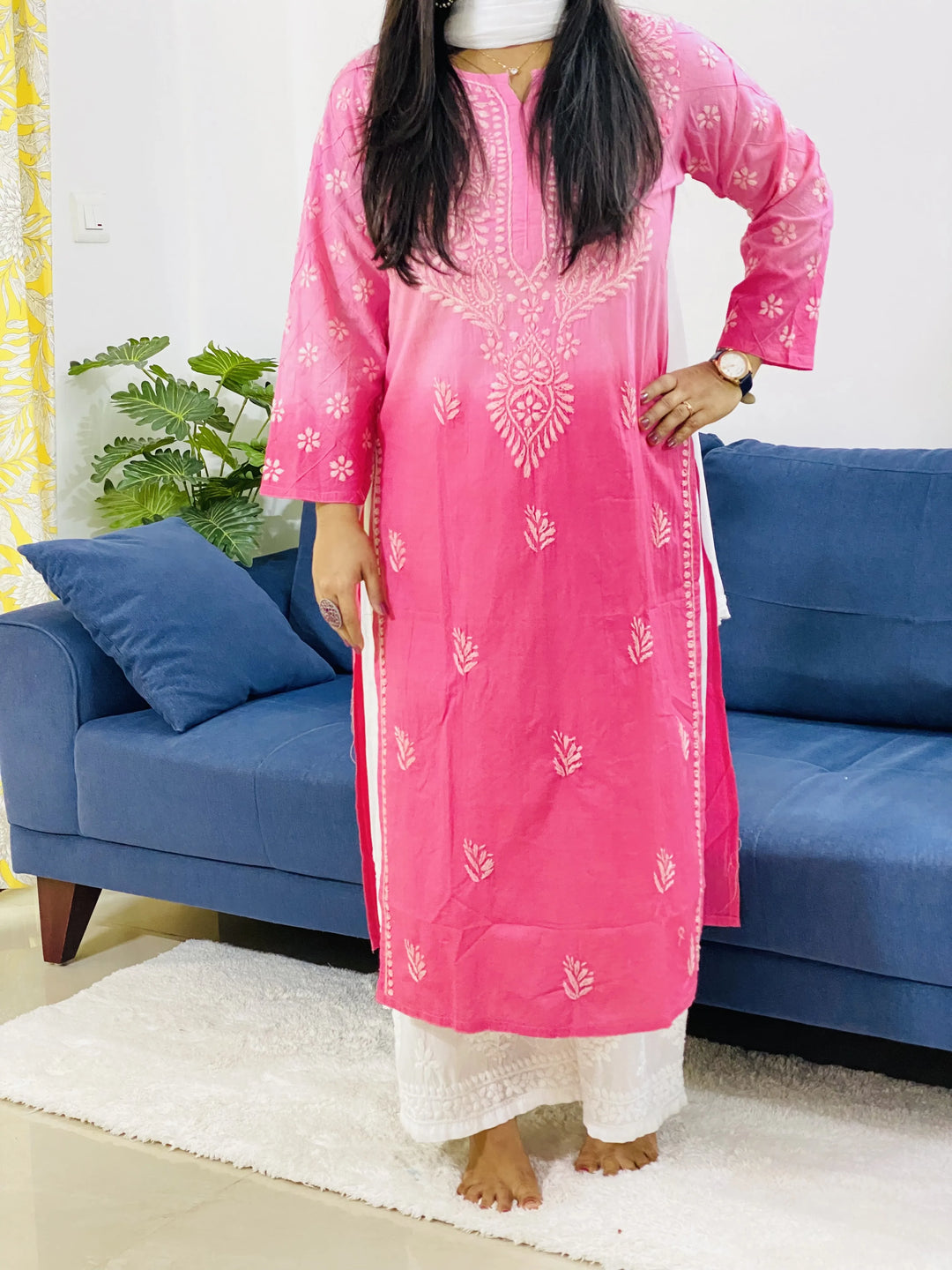 Pink Pintex Cotton Chikankari Handwork Ombre Women's Long Kurta
