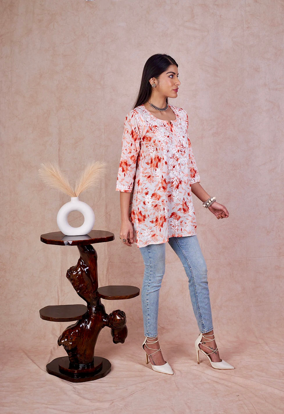 Orange Kannika Mulmul Printed Short kurti