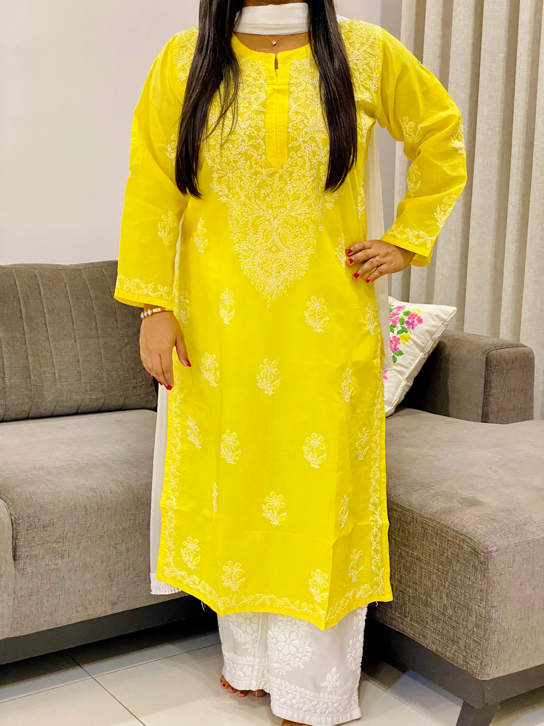 Yellow Bani Voil Cotton Chikankari Hand Embroidered Women's Solid Long Kurta