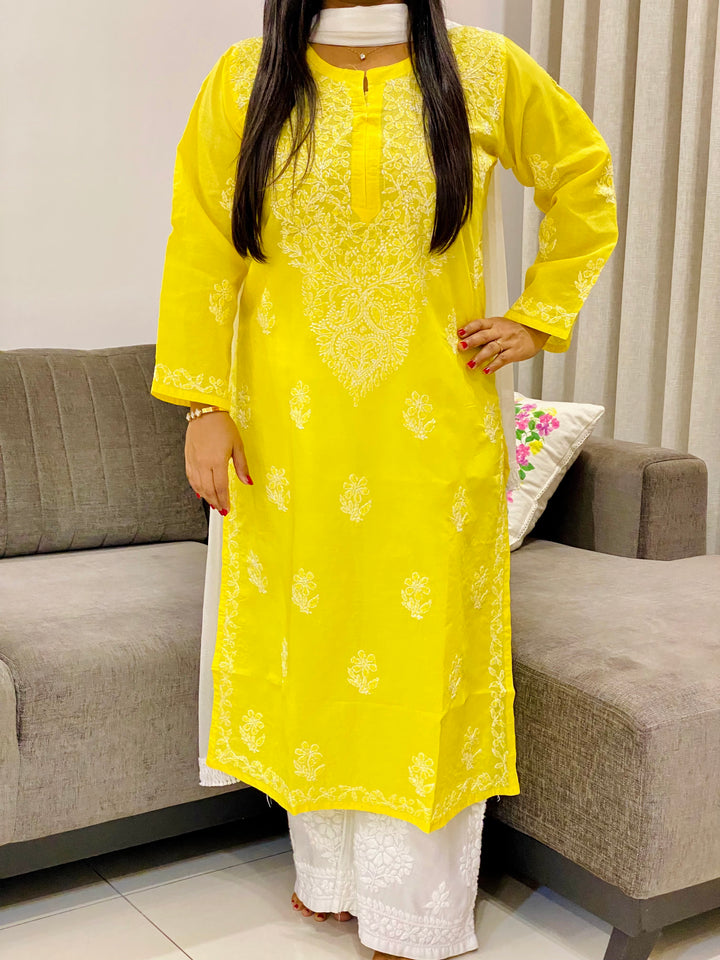 Yellow Bani Voil Cotton Chikankari Hand Embroidered Women's Solid Long Kurta