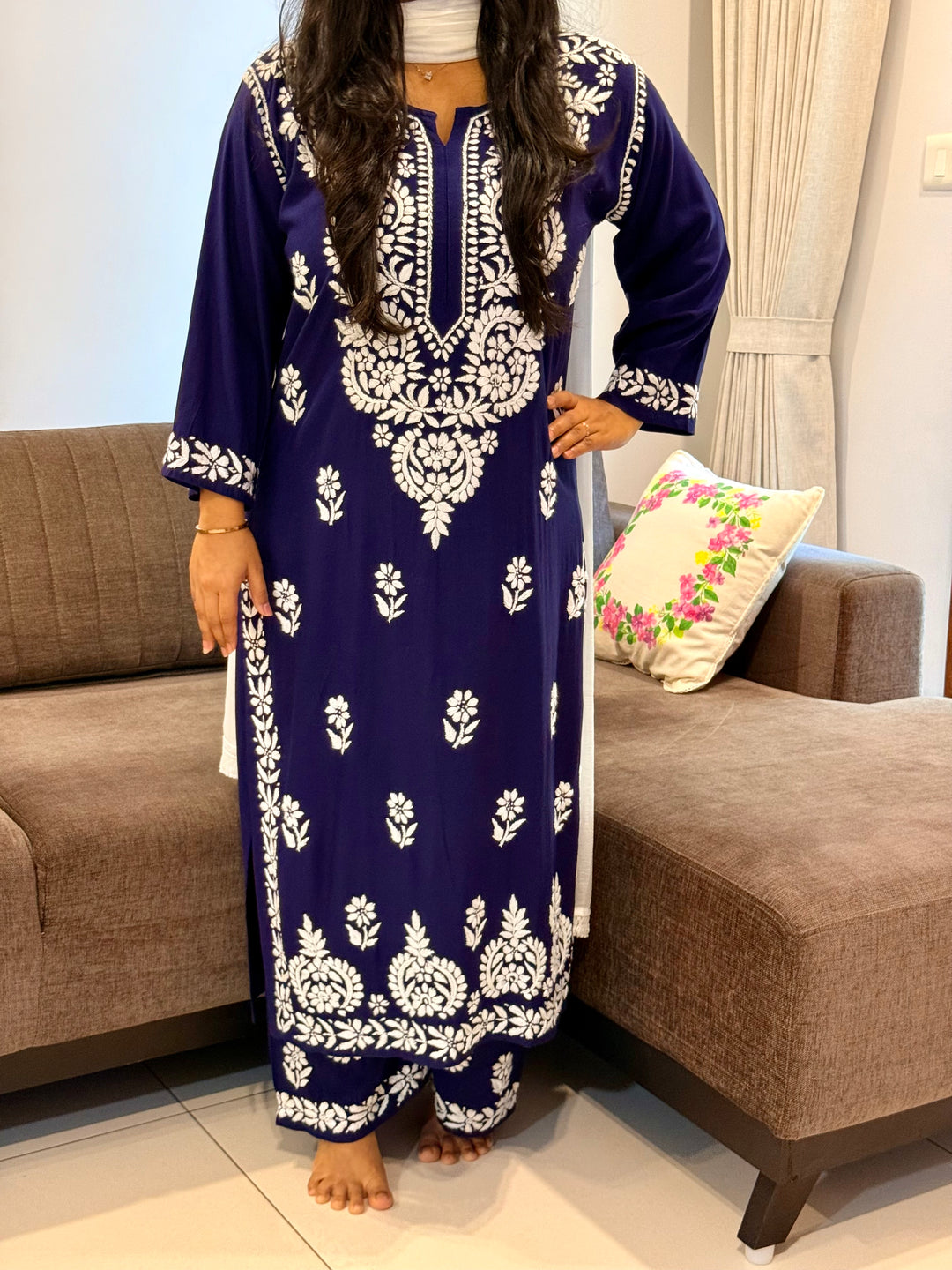 Navy Blue Sangriya Rayon Chikankari Handwork women kurta palazzo set