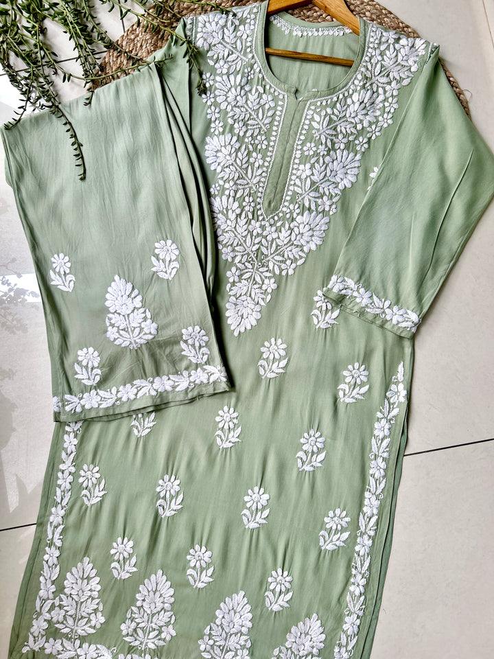 English Green Sangriya Rayon Chikankari Handwork women kurta palazzo set