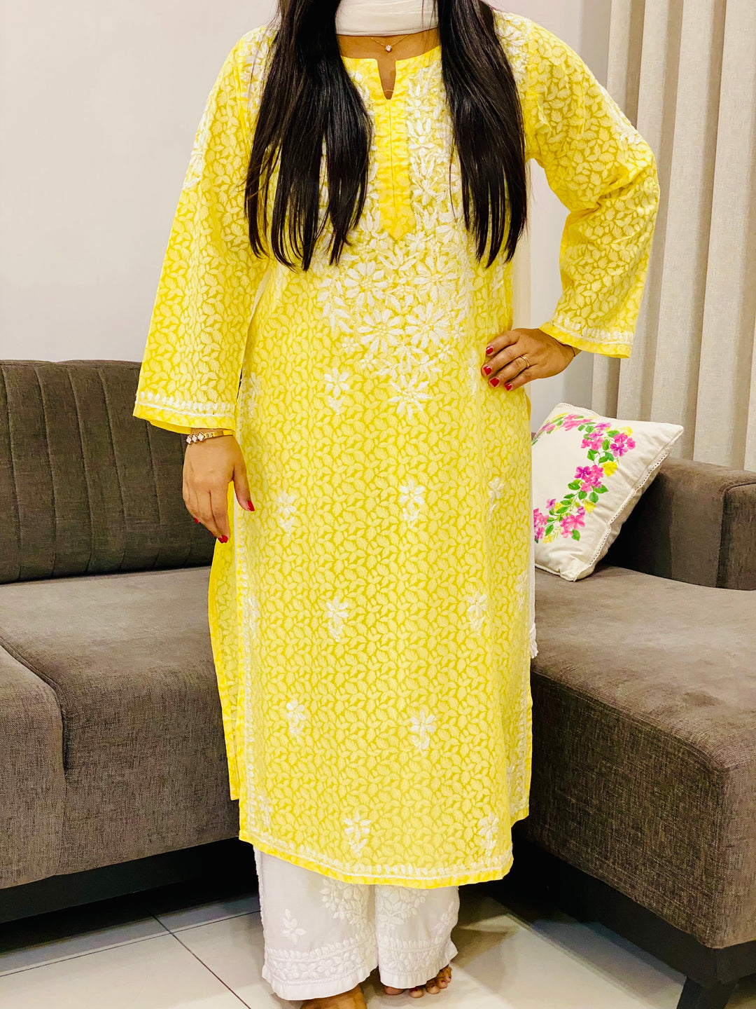 Yellow Aadita Mulmul Cotton Chikankari Handwork Women's Floral Long Kurta