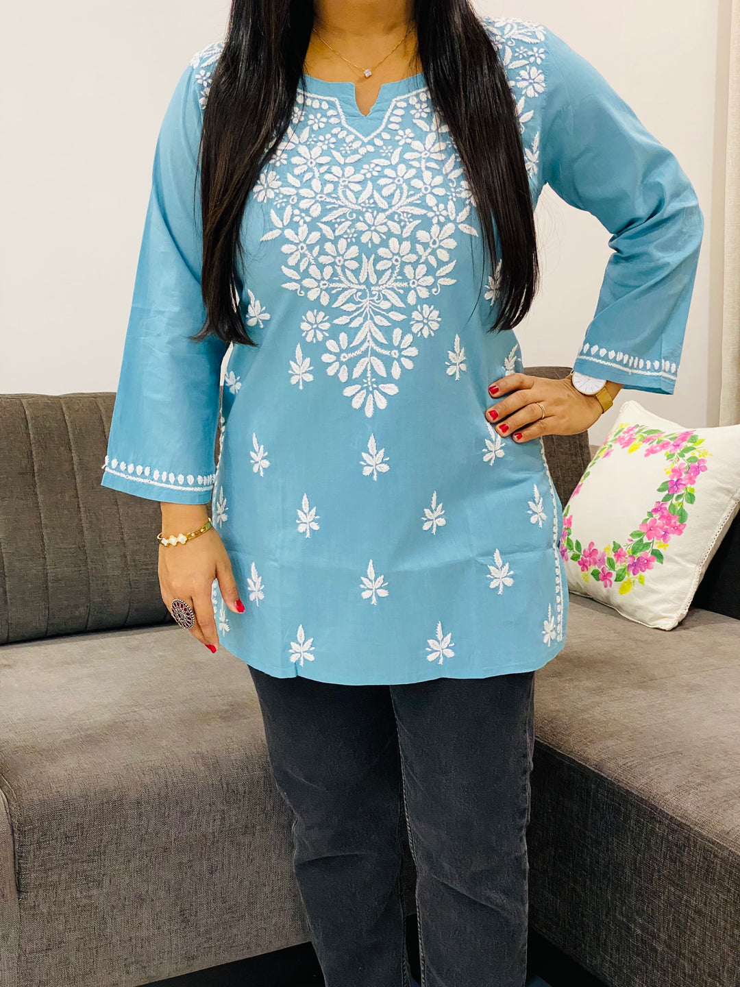 English Blue Ekra Cotton Chikankari Solid Women's Short Kurta