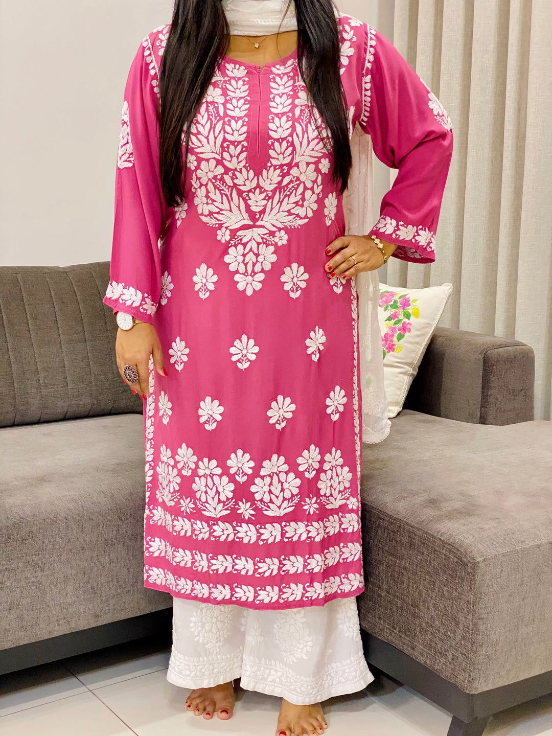 Dark Pink Natasha Premium Modal Chikankari Women's Solid Kurti