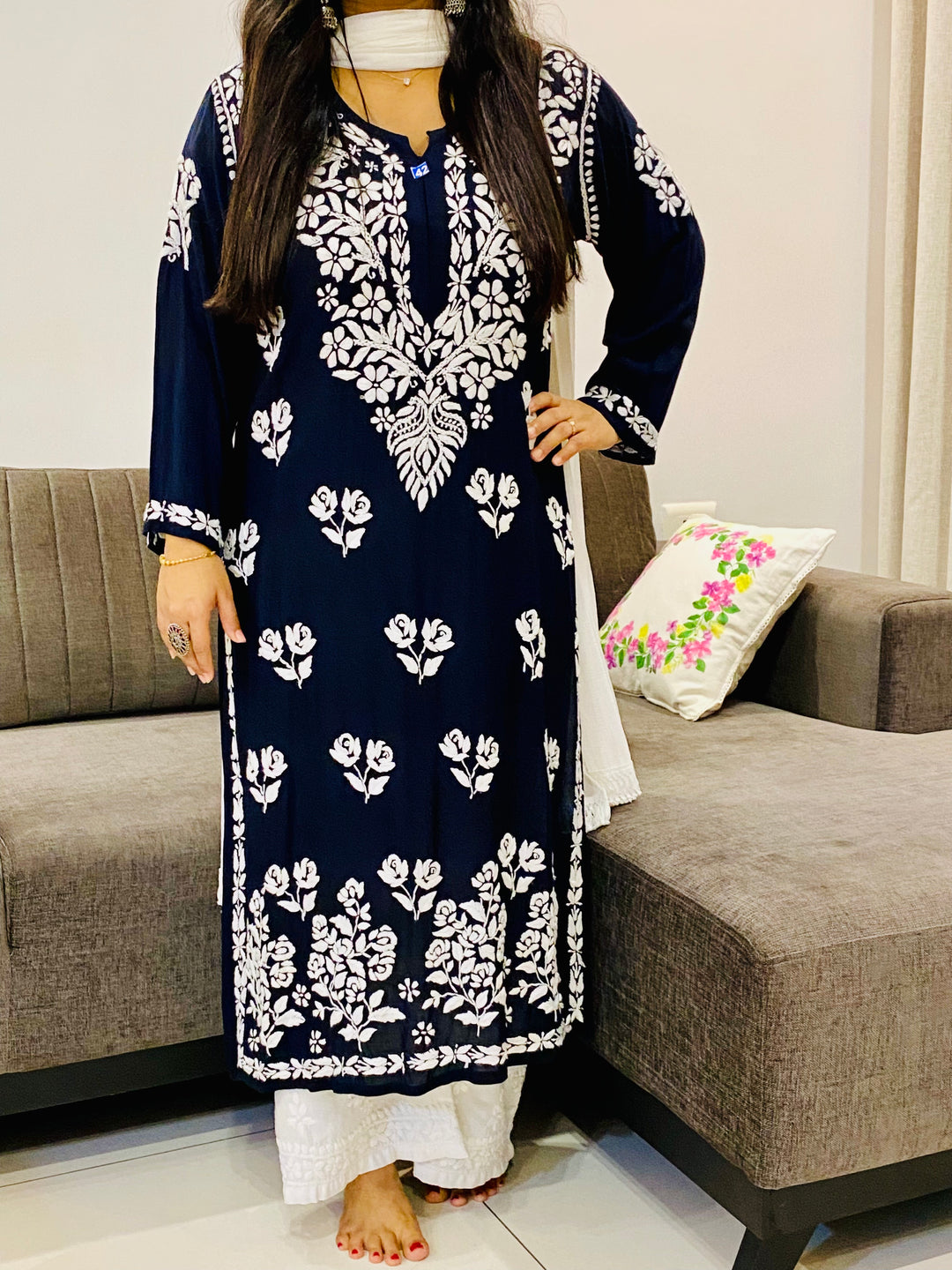 Black Fanah Premium Modal Chikankari Solid Women's Long Kurta