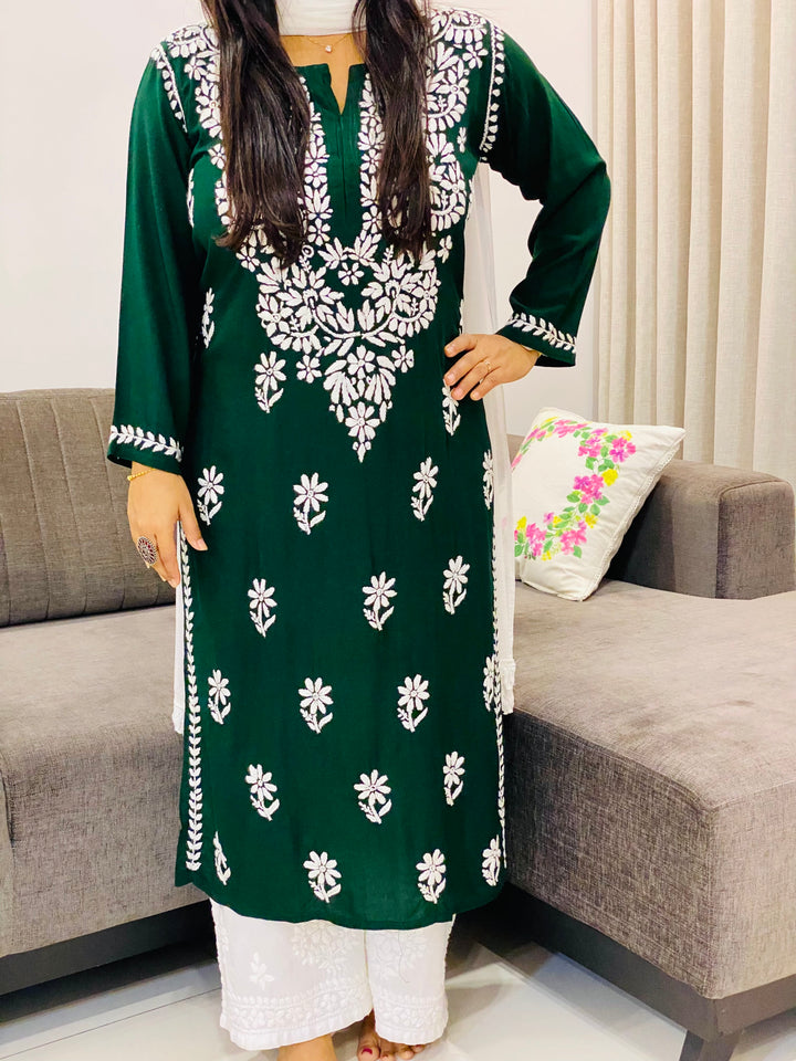 Bottle Green Evana Rayon Chikankari Handwork Women's Solid Long Straight Kurta