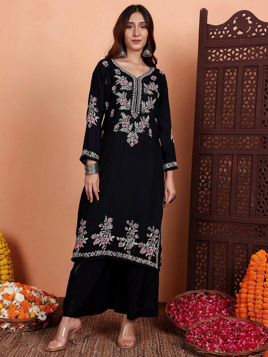 Black Irya Rayon Chikankari Hand Embroidered Women's Long Kurta