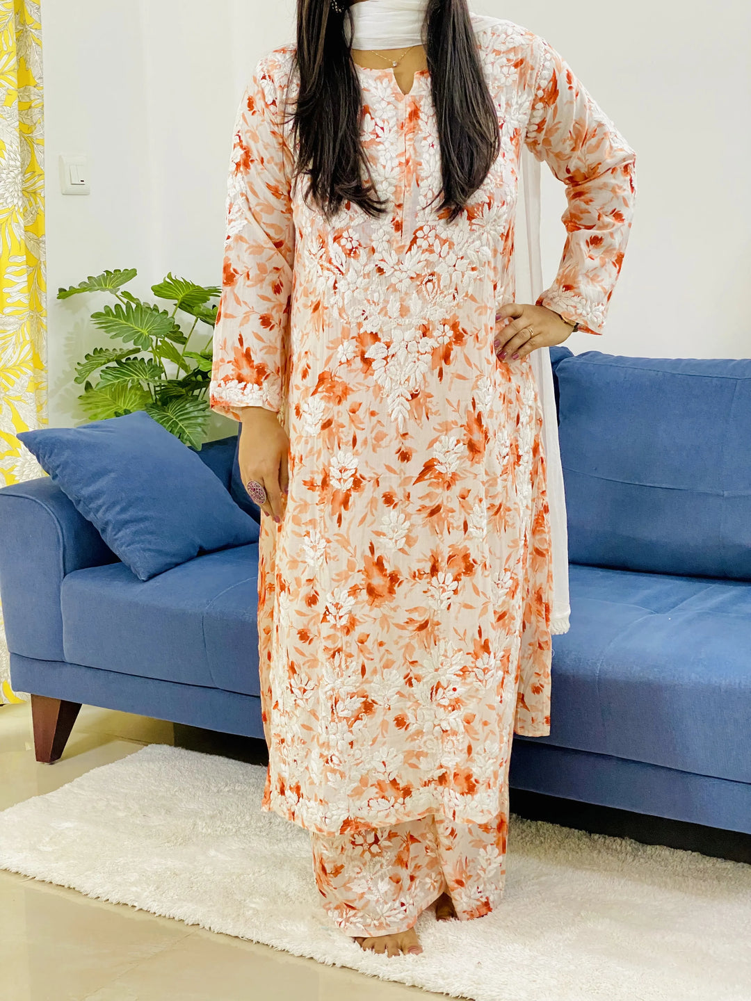 Rust Ziana Mulmul Chikankari Women's Floral Long Kurta Plazzo Set