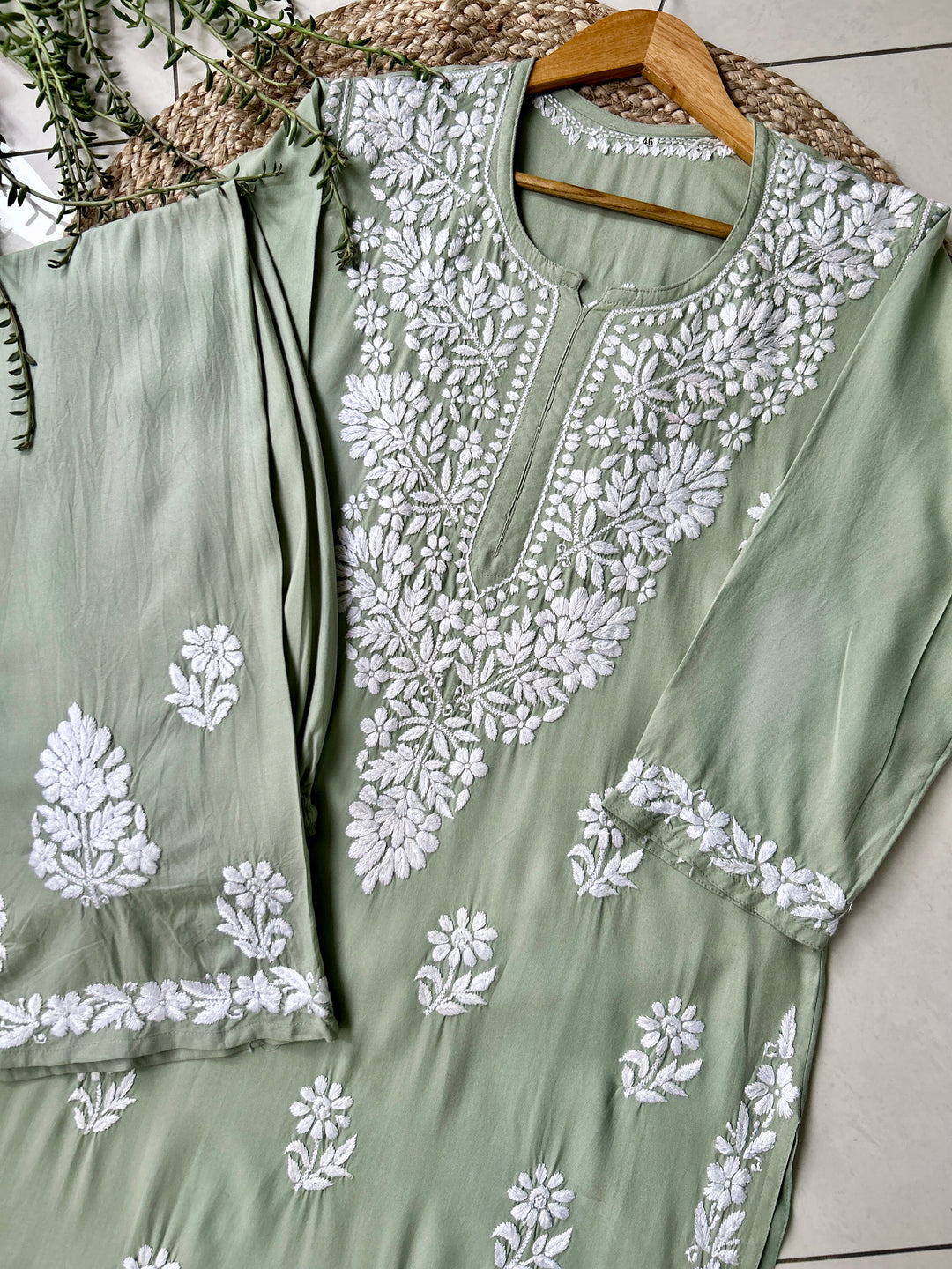 English Green Sangriya Rayon Chikankari Handwork women kurta palazzo set