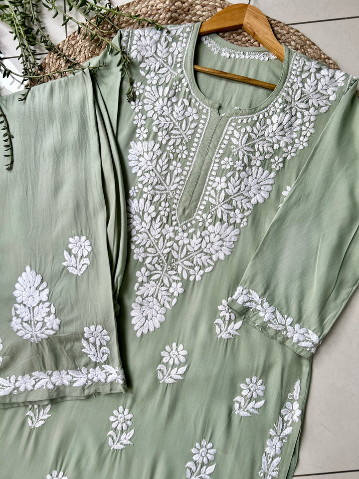 English Green Sangriya Rayon Chikankari Handwork women kurta palazzo set