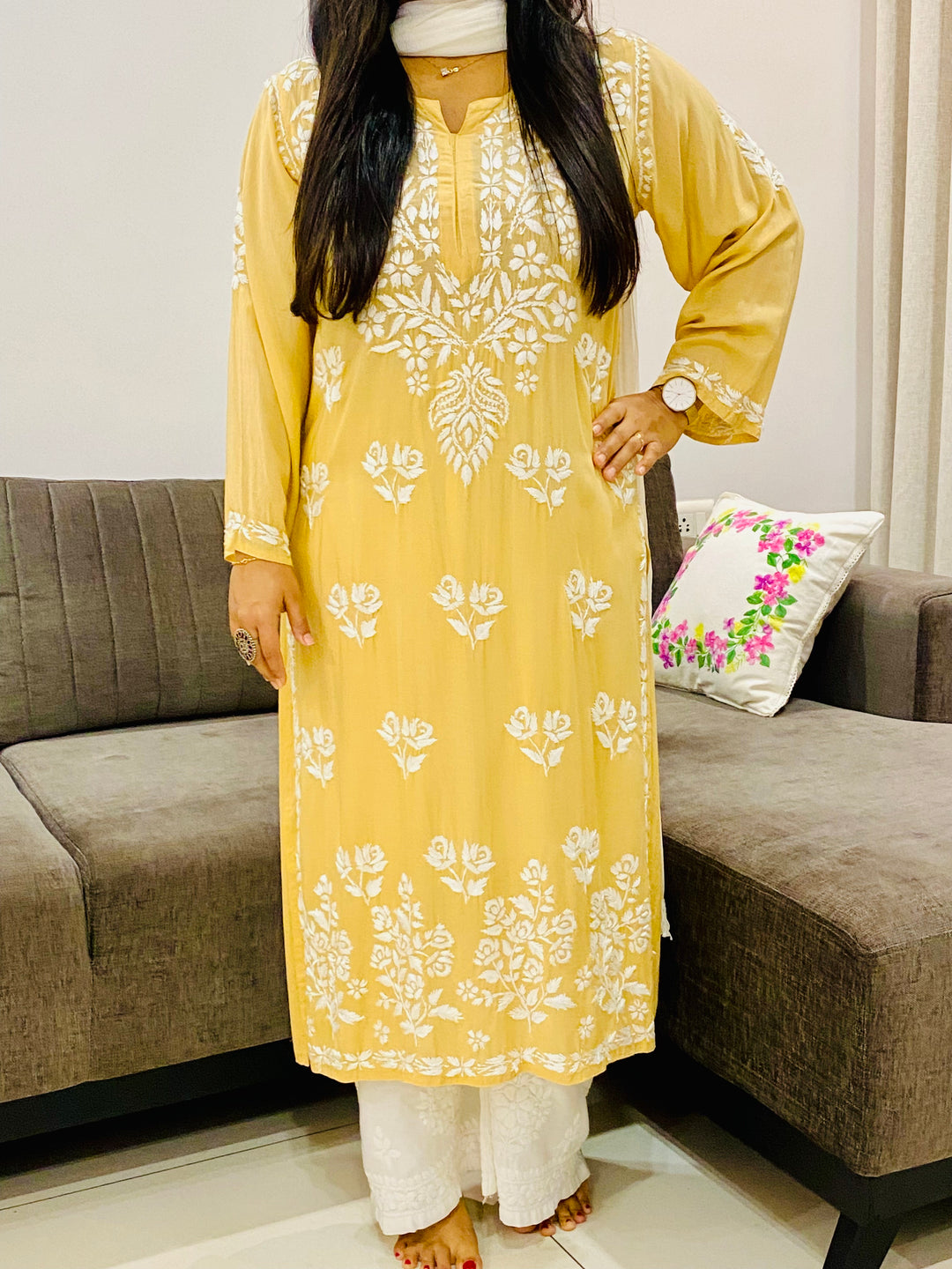 Beige Fanah Premium Modal Chikankari Solid Women's Long Kurta