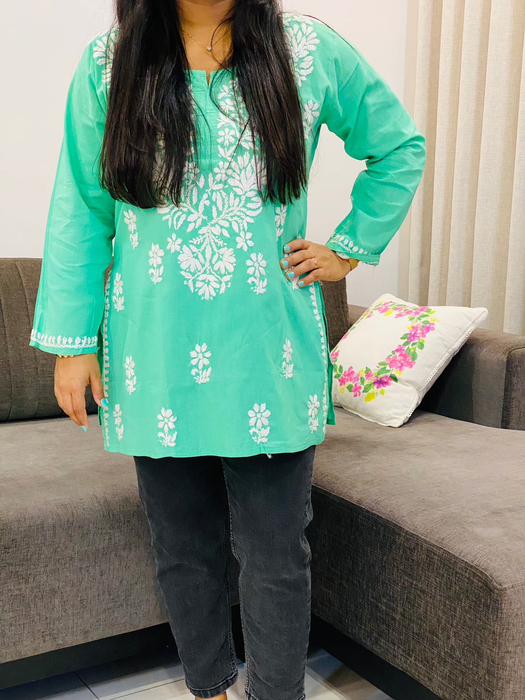 Mint Sitara Cotton Chikankari Hand embroidered Women's Short Kurta