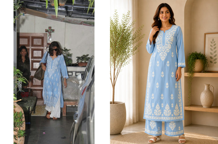 Sangriya Rayon 3D Chikankari Handwork women kurta palazzo set - Powder Blue