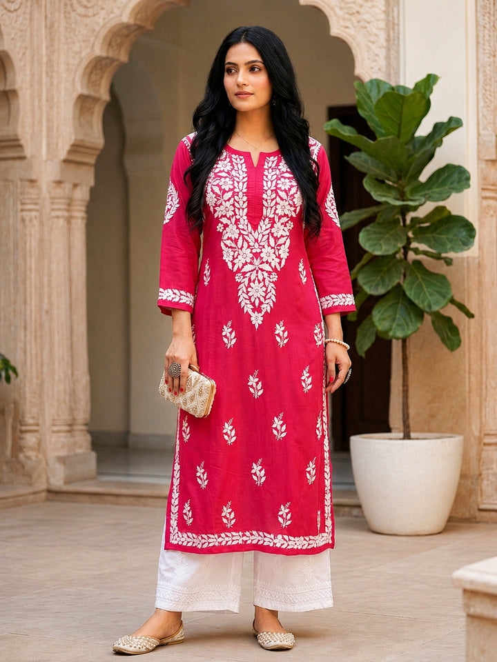 Falak 3D Chikankari Hand Embroidery Design Rayon Womens Kurta - Tomato Pink