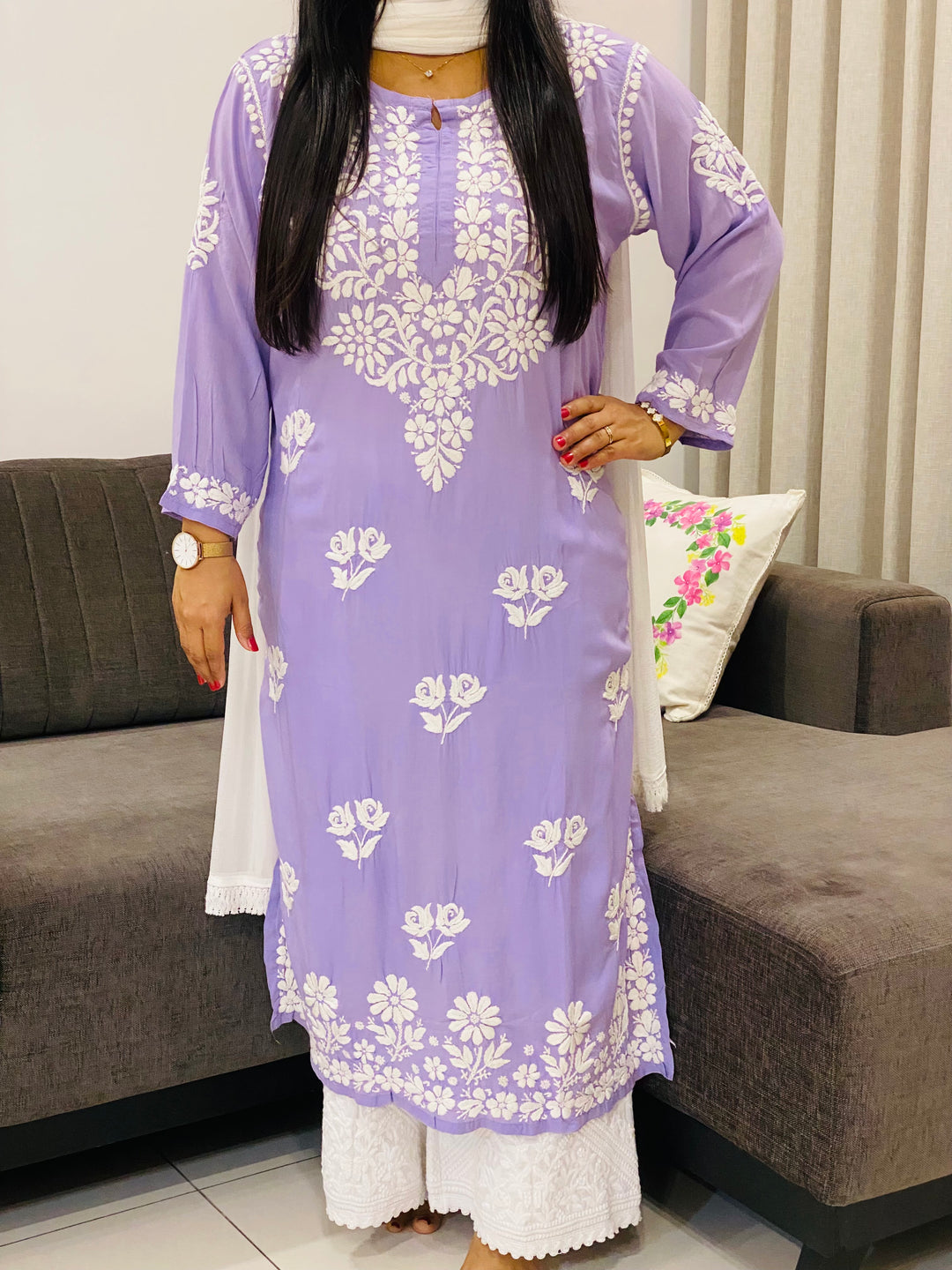 Lavender Bahar Premium Modal Chikankari Women's Long Solid Kurta