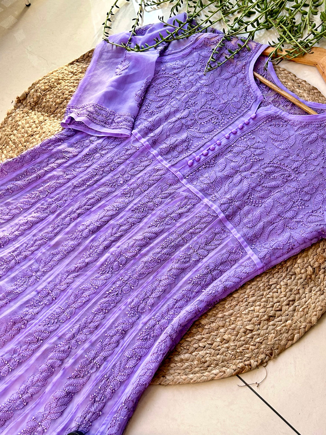 Lavender Tara Resham Chikankari Hand Embroidered Women's Yog Anarkali Kurta