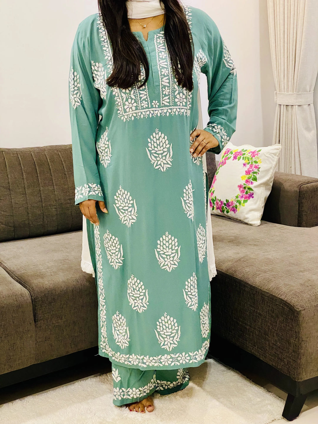 Army Green Bellate Premium Modal Chikankari Solid Women's Kurta Palazzo Set