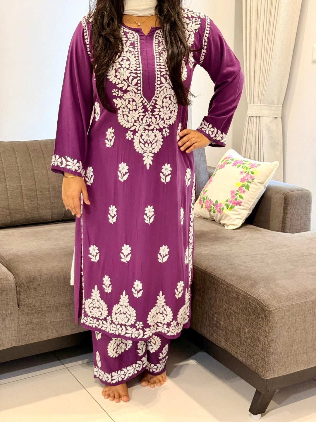 Mauve Sangriya Rayon Chikankari Handwork women kurta palazzo set