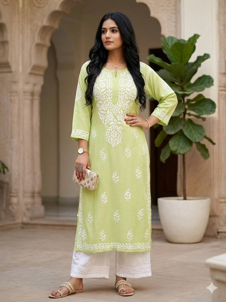 Falak 3D Chikankari Hand Embroidery Design Rayon Womens Kurta - Pista