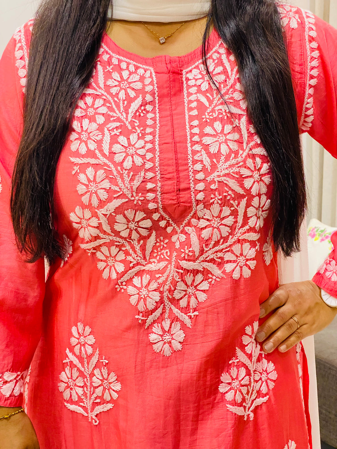 Dark Peach Rida Premium Chanderi Chikankari Women's Solid Long Kurta