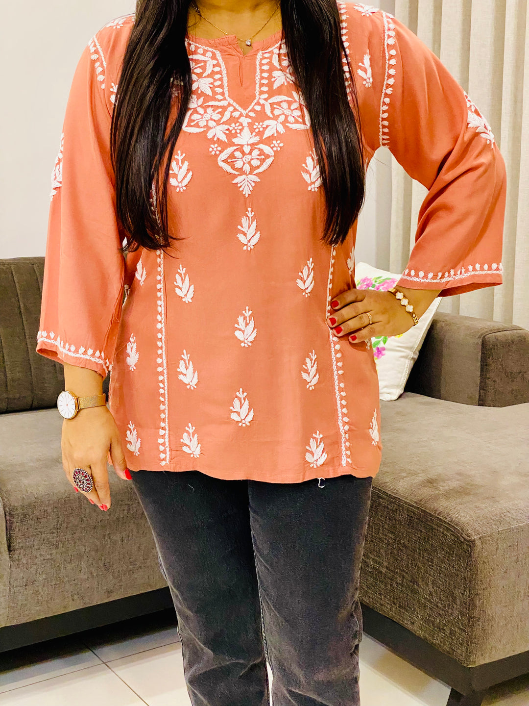 Peach Isha Rayon Chikankari Solid Women's Short Top