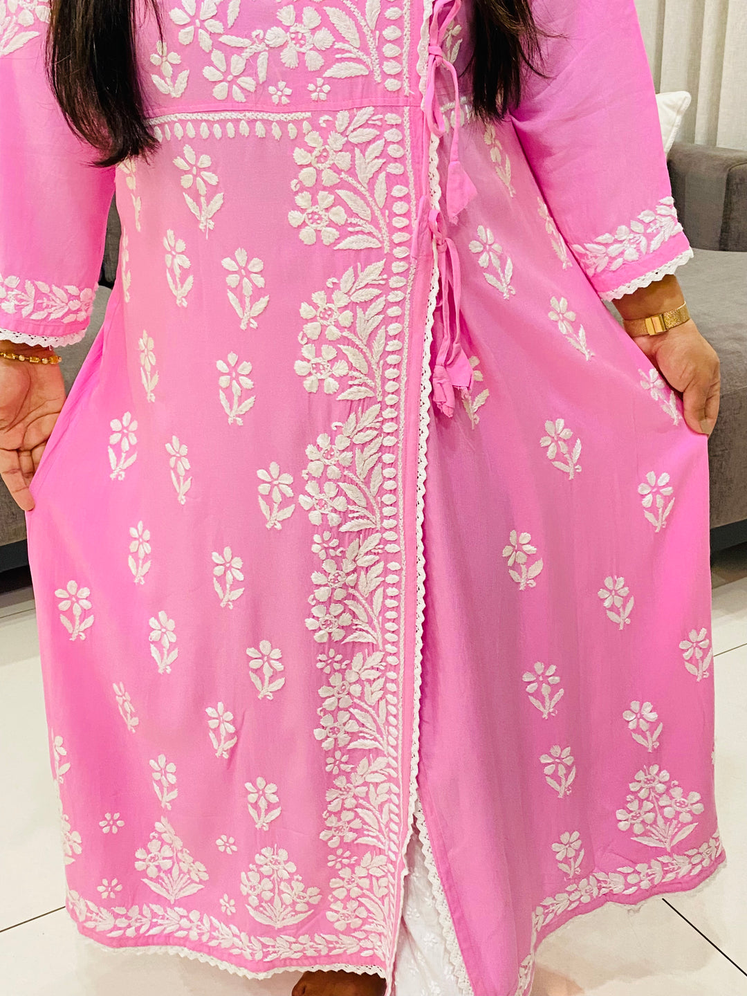 Pink Tripti Rayon Chikankari Handwork Solid Women's Angrakha Kurta