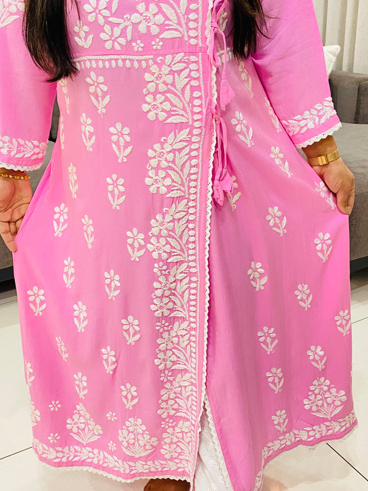 Pink Tripti Rayon Chikankari Handwork Solid Women's Angrakha Kurta