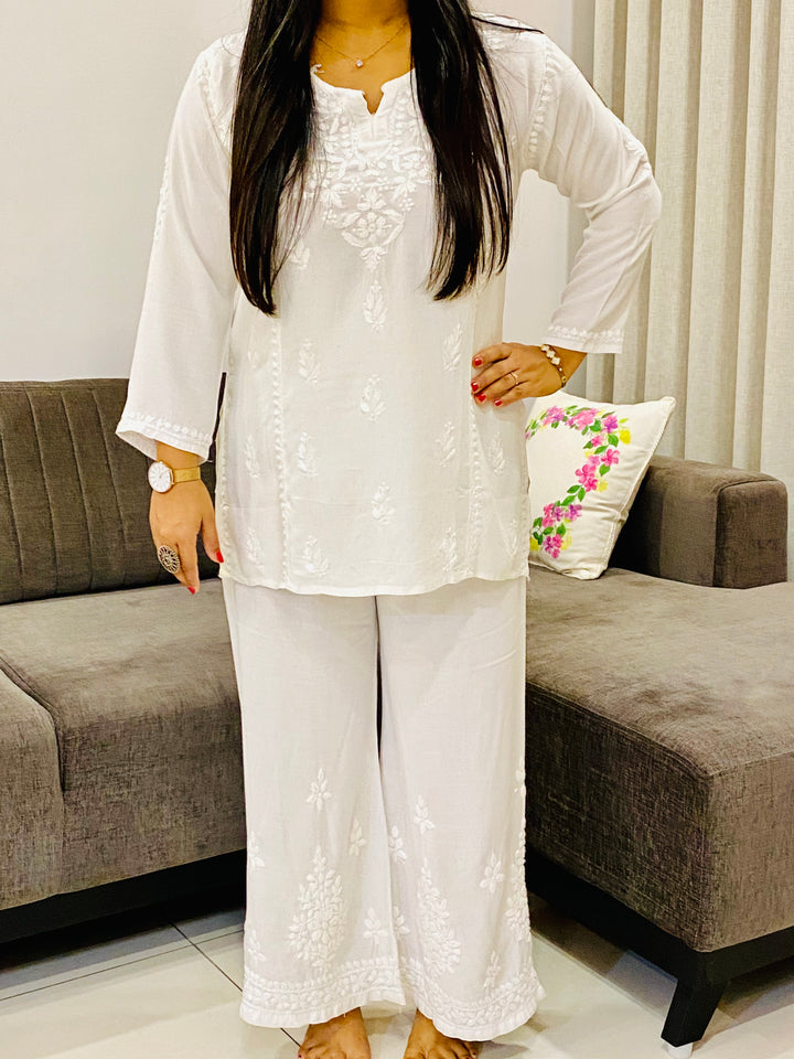 White Isha Rayon Chikankari Solid Women's Short Top
