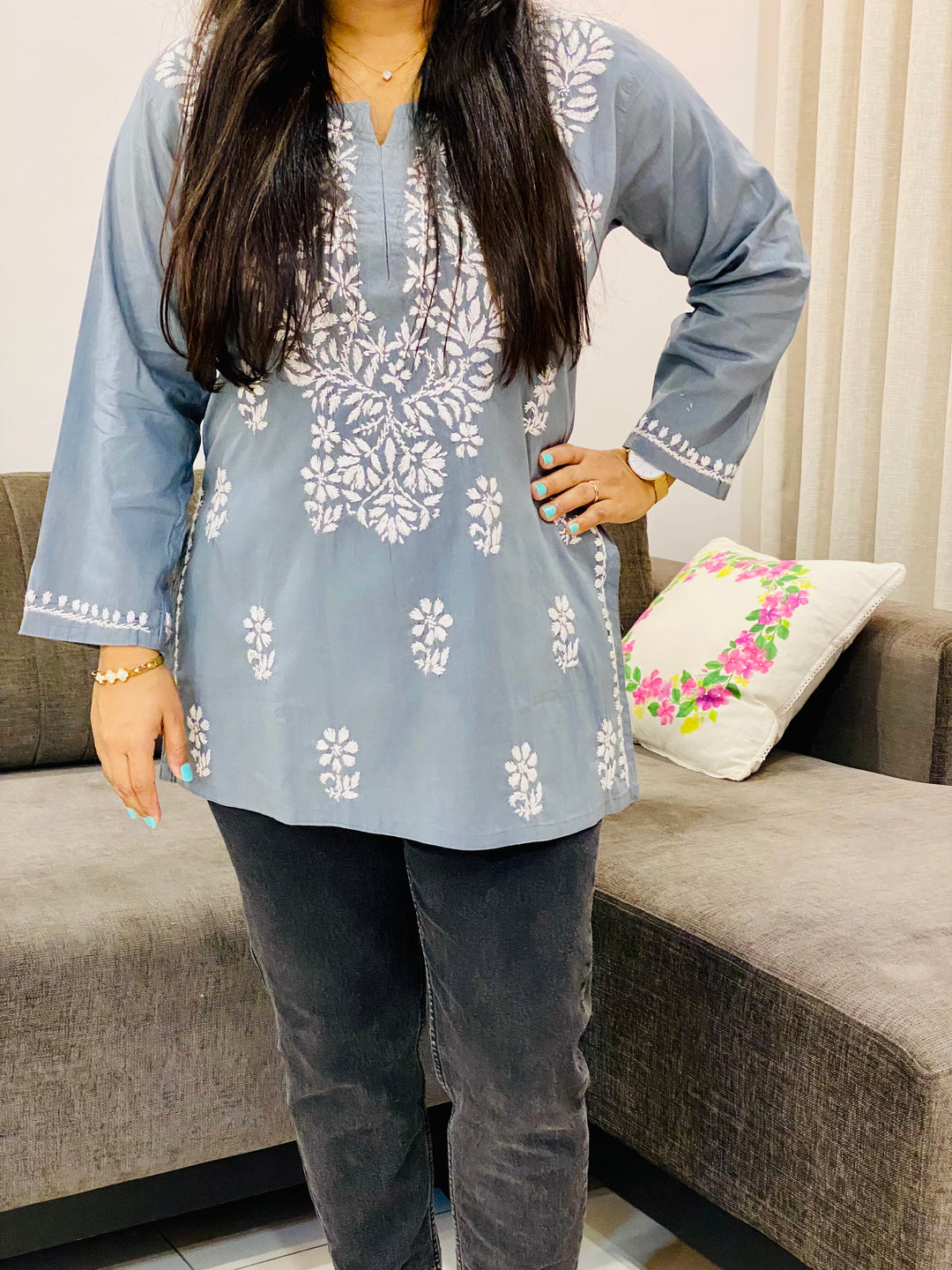 Grey Sitara Cotton Chikankari Hand embroidered Women's Short Kurta