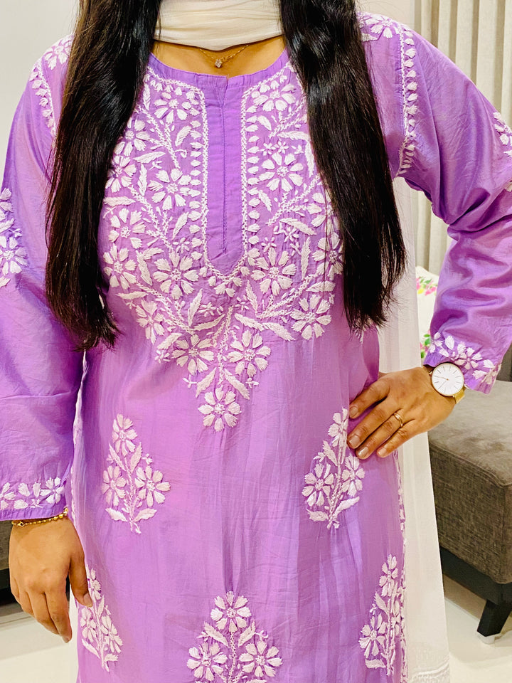 Lavender Rida Premium Chanderi Chikankari Women's Solid Long Kurta