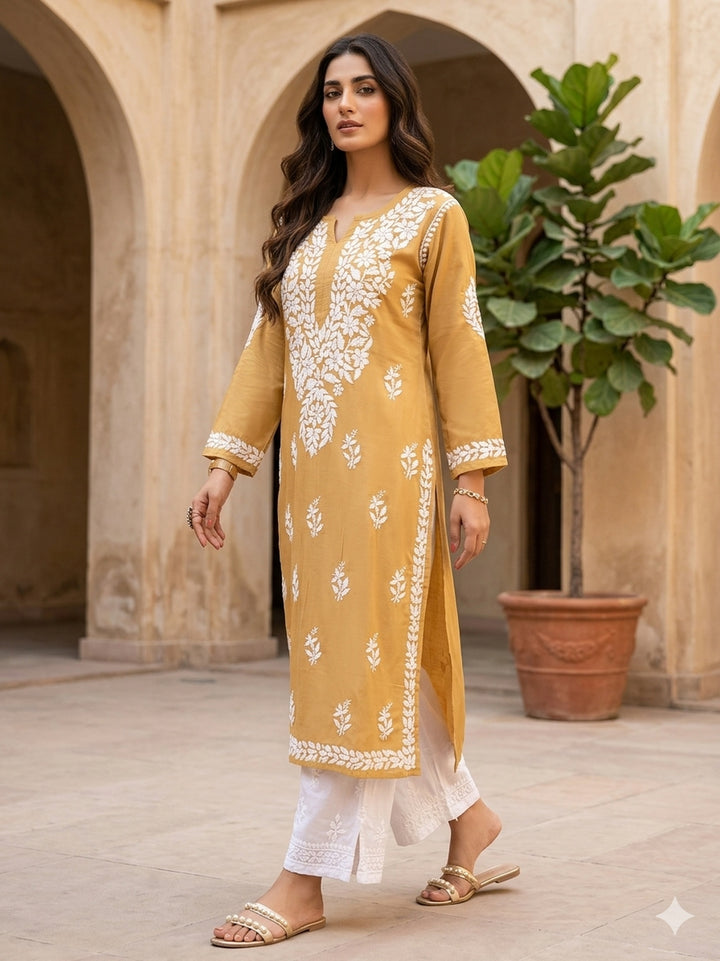 Falak 3D Chikankari Hand Embroidery Design Rayon Womens Kurta - Fawn