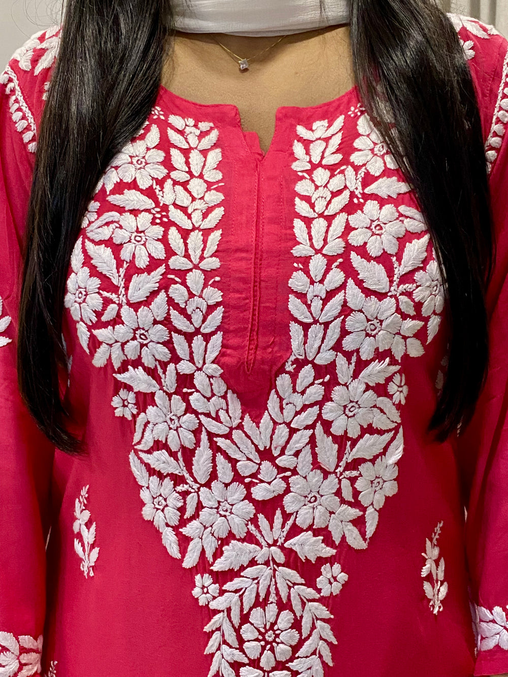 Tomato Pink Falak 3D Chikankari Hand Embroidery Design Rayon Womens Kurta