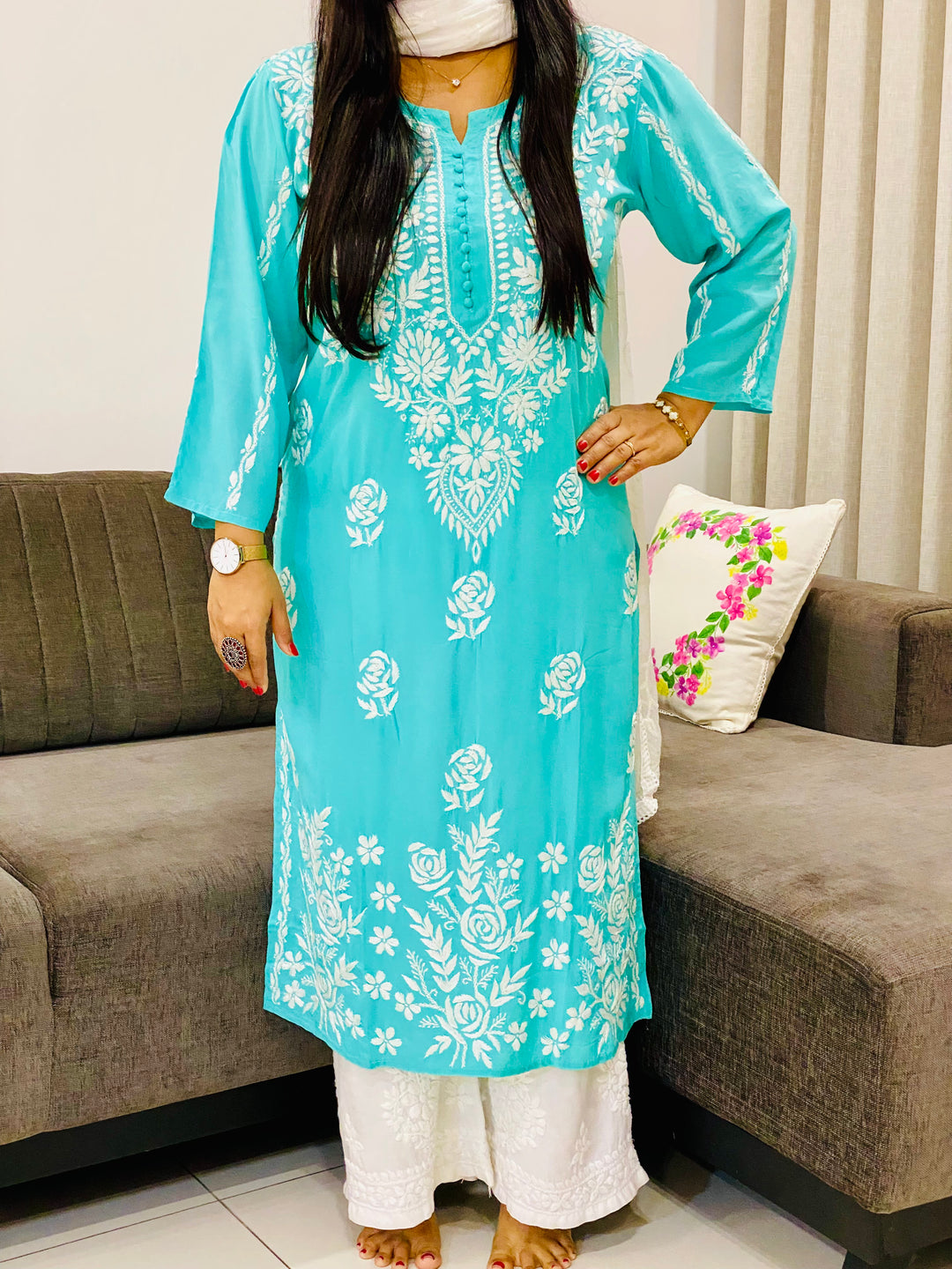Aqua Naaz Premium Modal Chikankari Women's Solid Long Kurta