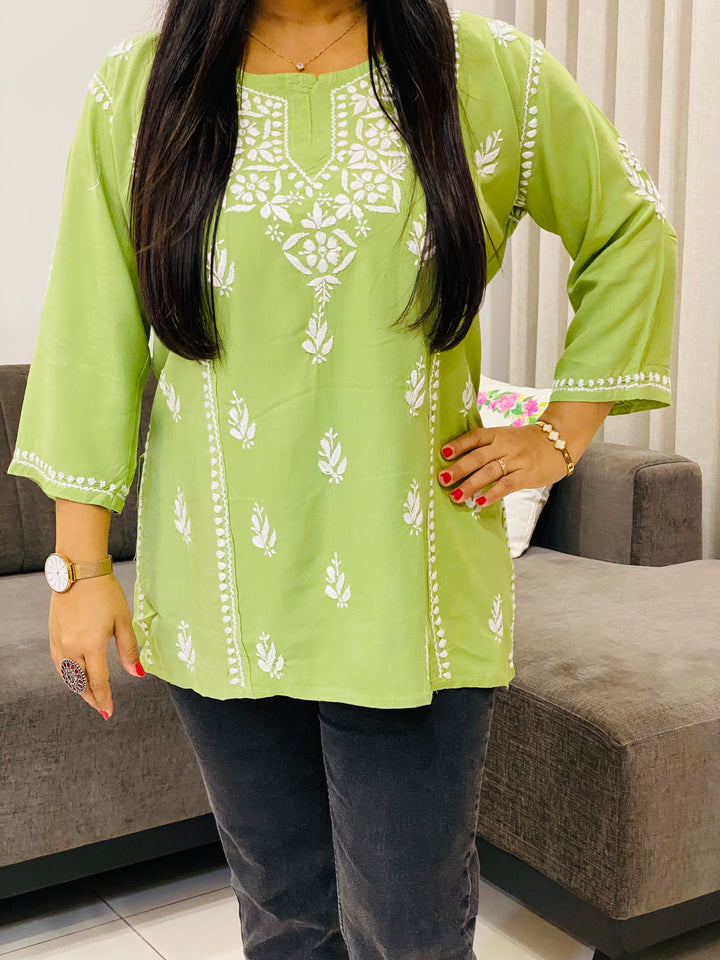 Pista Isha Rayon Chikankari Solid Women's Short Top