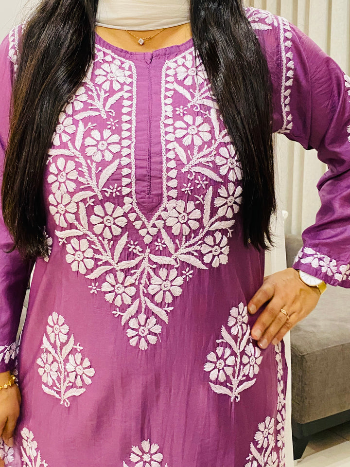 Mauve Rida Premium Chanderi Chikankari Women's Solid Long Kurta