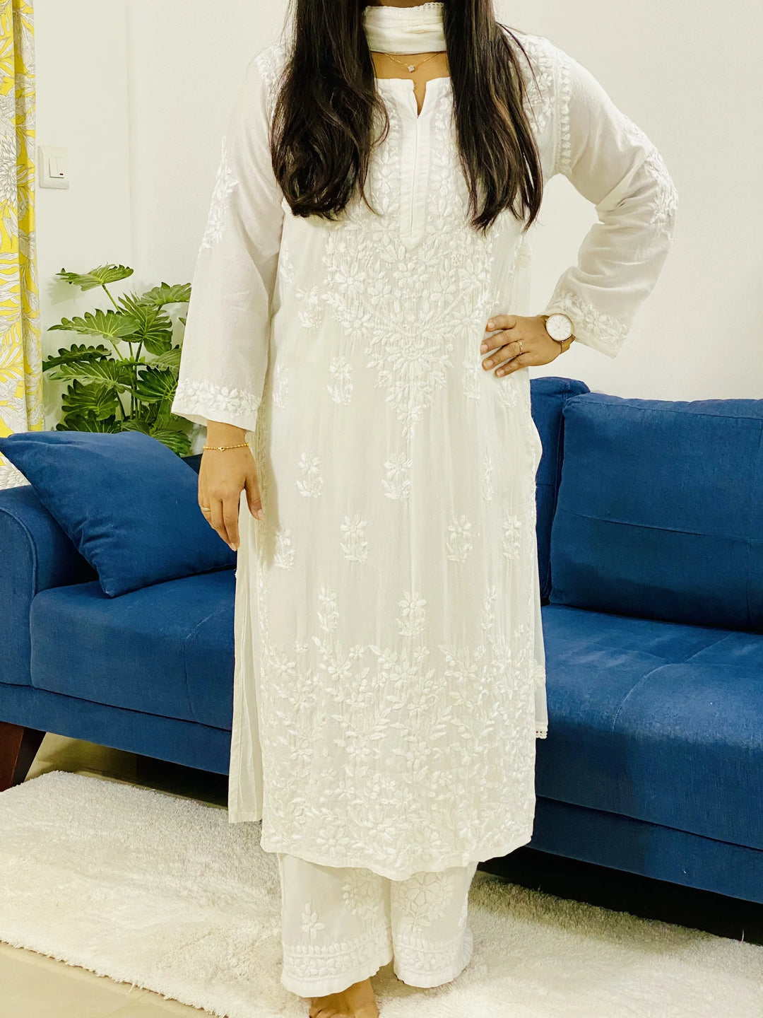White Daman Jaal Premium Modal Cotton Chiknakari Women's Solid Long Kurta
