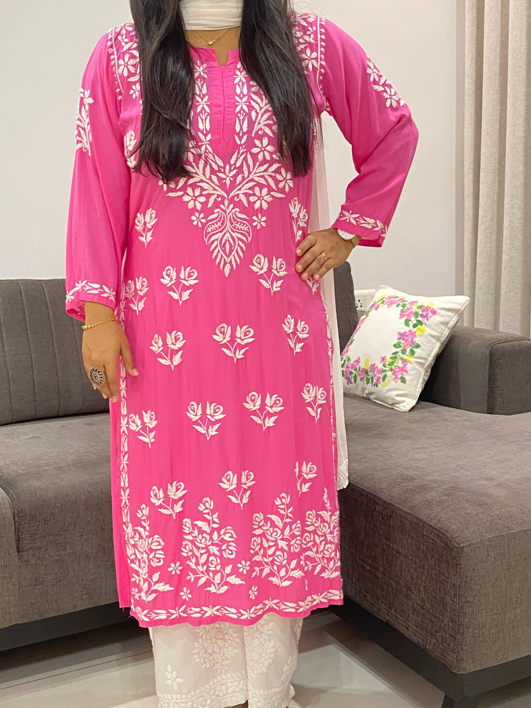 Pink Fanah Premium Modal Chikankari Solid Women's Long Kurta