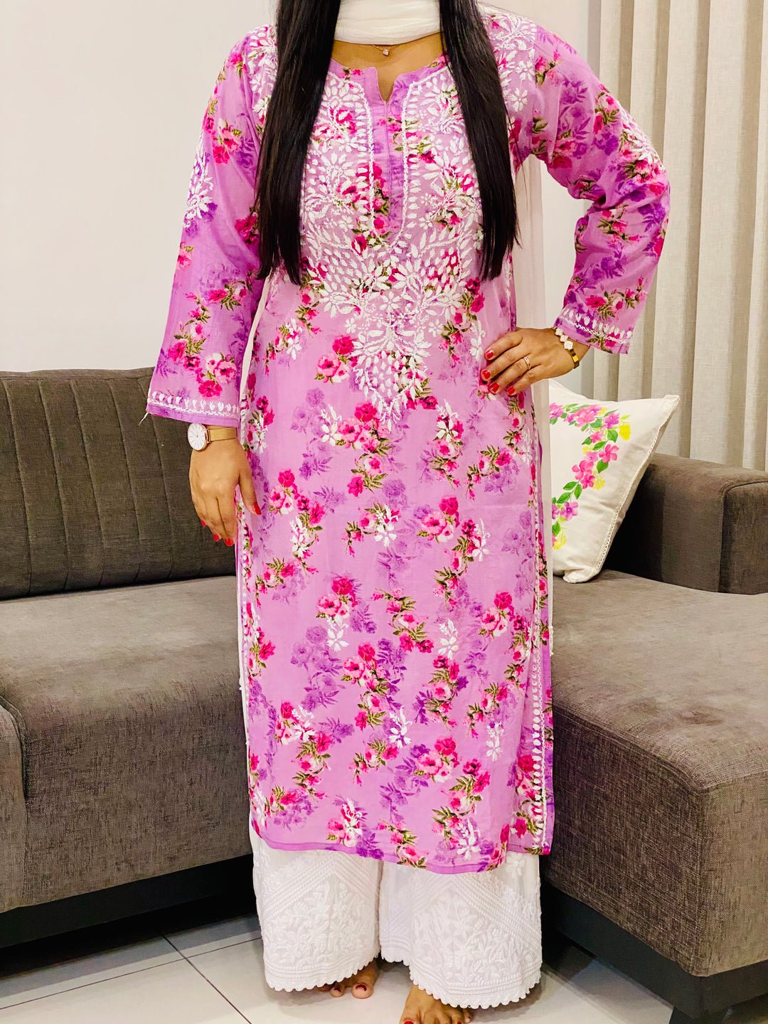 Lilac Dvita Mulmul Chikankari Floral Women's Long Kurta