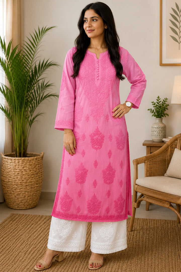 Butta Jaal Chanderi Silk Chikankari Women's Solid Long Kurta - Baby Pink